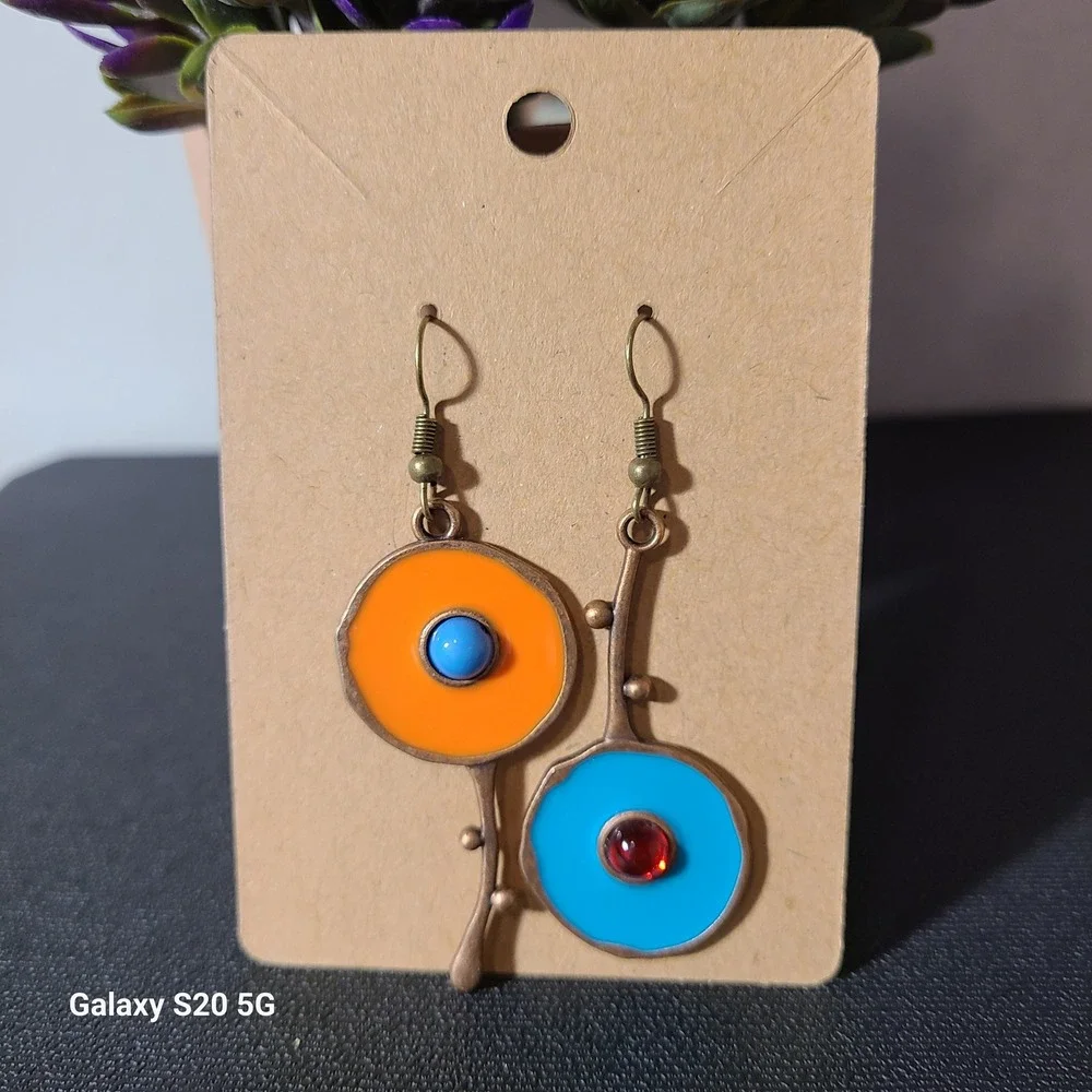 Boho Bronze‎ Tone Dangle Earrings Orange Blue Red Accent Bohemian Jewelry